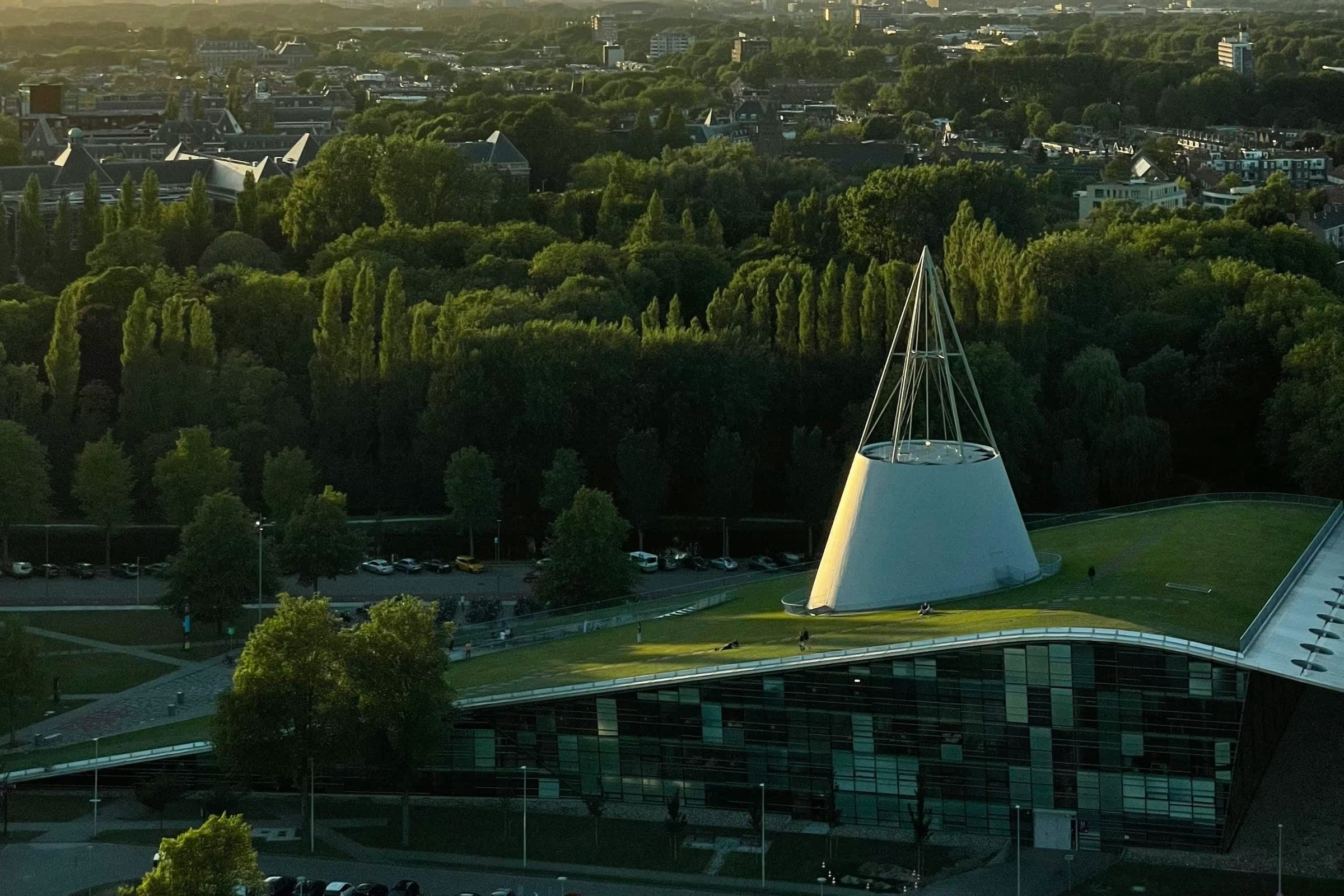 Aerial view over Delft at sunset