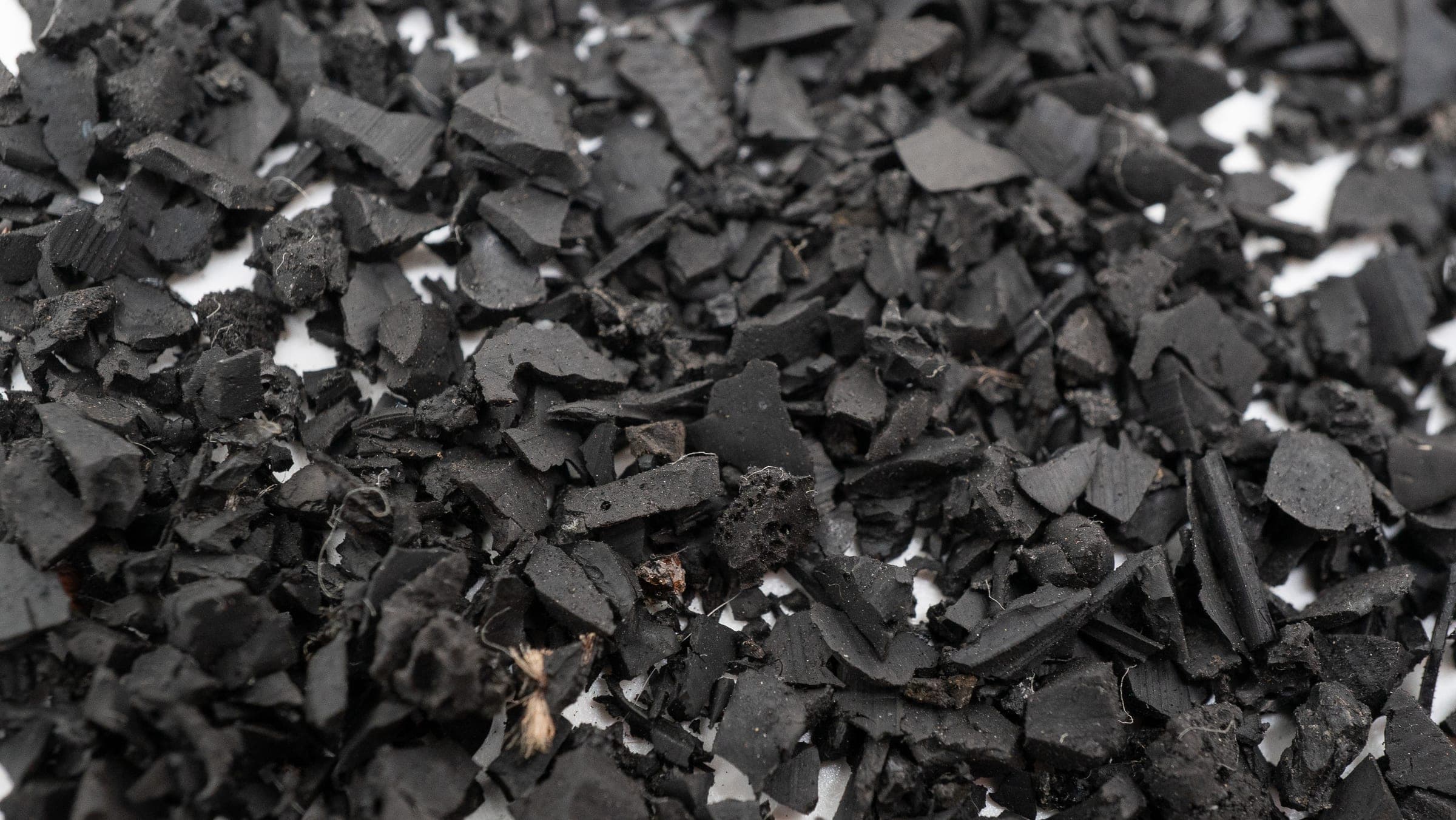 Shredded end-of-life tyre rubber at close range